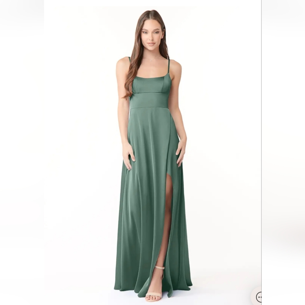 Azazie Emerald Green Satin Spaghetti Strap Gown
